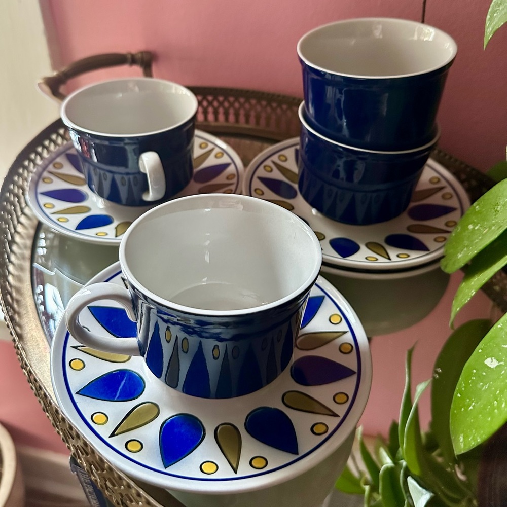 Set of 4 1970's Mikasa Epiqure-One Lancer Pattern Retro Blue Cup and Saucers